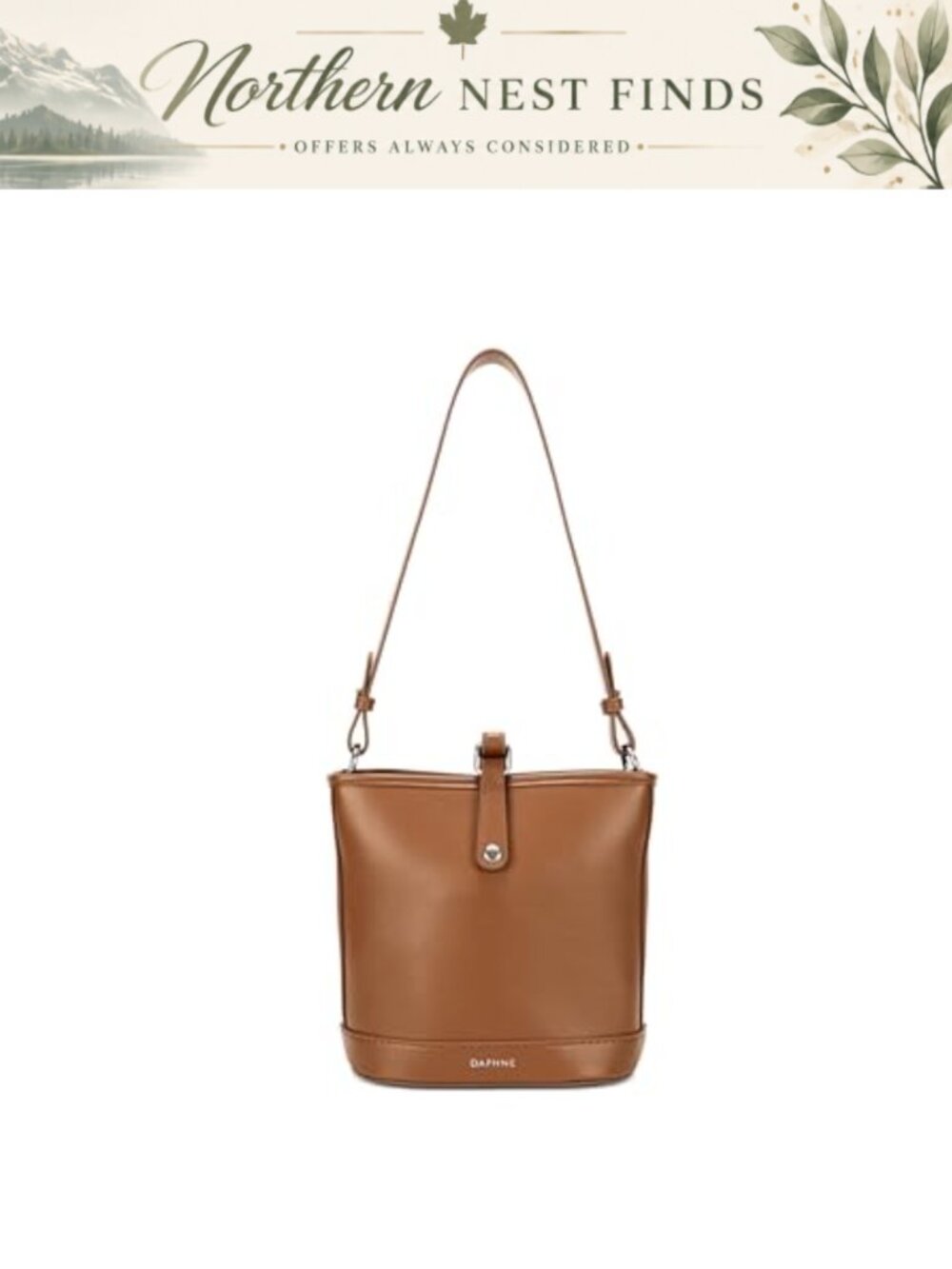 Small Vegan Leather Bucket Shoulder Bag Magnetic Clasp Detachable Strap